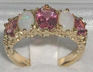 Elegant 9K Yellow Gold Pink Tourmaline and Opal Five Stone Ring