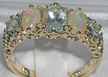 Elegant 9K Yellow Gold Aquamarine and Opal Five Stone Ring