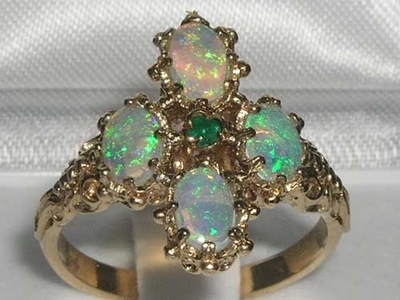 Opulent 9K Yellow Gold Emerald and Opal Ring