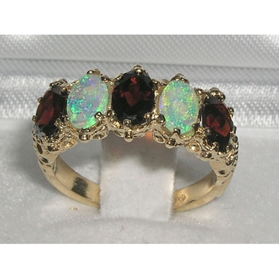 Stunning 9K Yellow Gold Garnet and Australian Opal Five Stone Ring