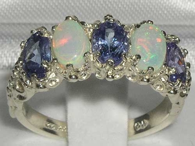 Exquisite 9K White Gold Ceylon Sapphire and Australian Opal Five Stone Ring