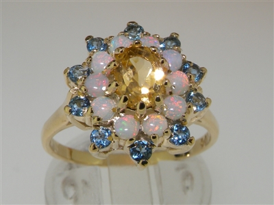 Magnificent 9K Yellow Gold Citrine, Opal & Aquamarine Flower Cluster Ring