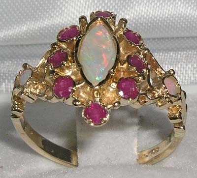 Stunning 9K Yellow Gold Marquise Opal and Ruby Cluster Ring