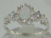 Dainty 9K White Gold Opal and Diamond Georgian Inspired Trilogy Ring