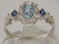 Dainty 9K White Gold Georgian inspired Aquamarine and Sapphire Ring