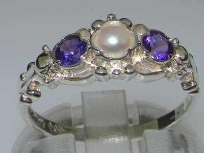 Beautiful 18K White Gold Pearl and Amethyst Trilogy Ring