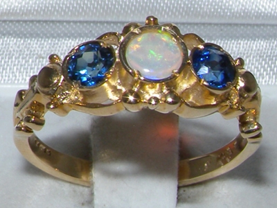 Stunning and Vibrant 14K Yellow Gold Opal and Sapphire Trilogy Ring