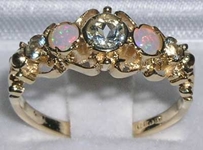 Stunning 9K Yellow Gold Aquamarine and Opal Five Stone Ring