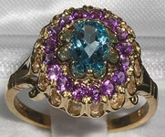 Exquisite 9K Yellow Gold Blue Topaz and Amethyst Cluster Ring