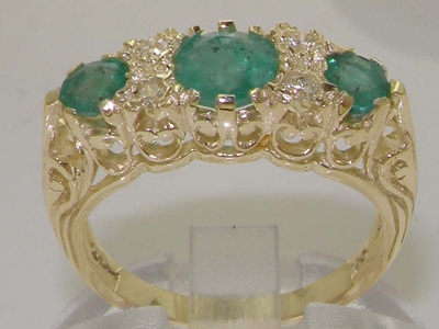 Elegant 9K Yellow Gold Emerald and Diamond Dress Ring