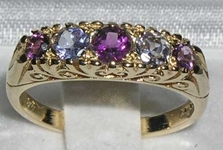 Ornate 9K Yellow Gold Amethyst and Tanzanite Set Ring