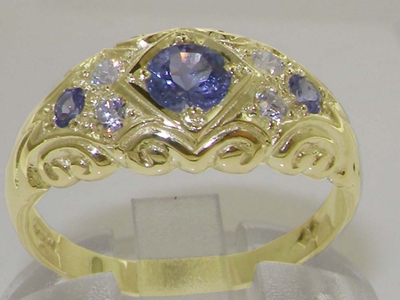 Ornate 9K Yellow Gold Tanzanite and Diamond Ring