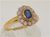 Dainty 9K Yellow Gold Art Deco Style Sapphire and Opal Flower Ring