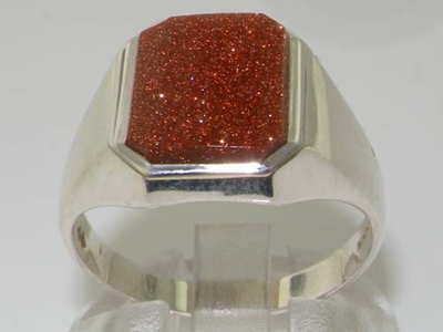 Glittering Mens Sterling Silver Goldstone Signet Ring