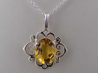 Ornate 9K White Gold Scroll Design Citrine Solitaire Pendant & Necklace