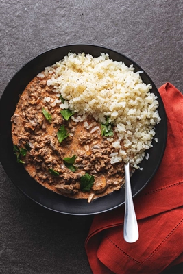 Ground Beef Stroganoff with Paprika Roasted Potatoes