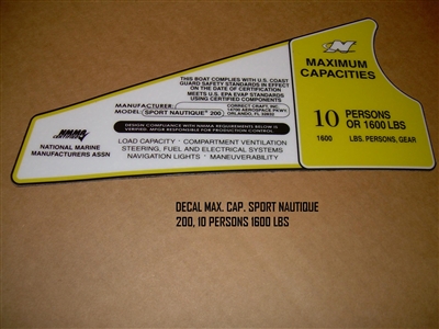 DECAL MAX. CAPACITY SPORT NAUTIQUE 200V 10 PERSONS 1600 LBS