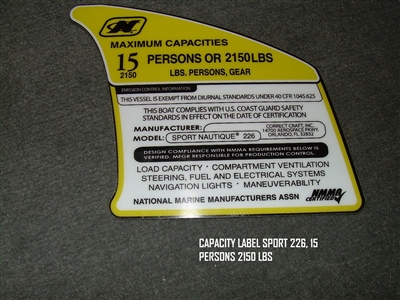 CAPACITY LABEL SPORT 226 15 PERSONS 2150 LBS