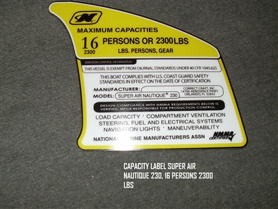 CAPACITY LABEL SUPER AIR NAUTIQUE 230 16 PERSONS 2300 LBS