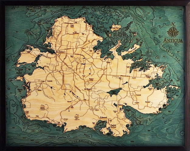 3D Antigua Nautical Real Wood Map Depth Decorative Chart