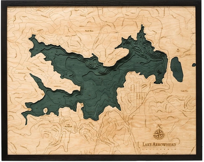 3D Lake Arrowhead Nautical Real Wood Map Depth Decorative Chart