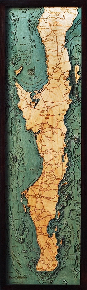 Baja Peninsula Nautical Topographic Art: Bathymetric Real Wood Decorative Chart