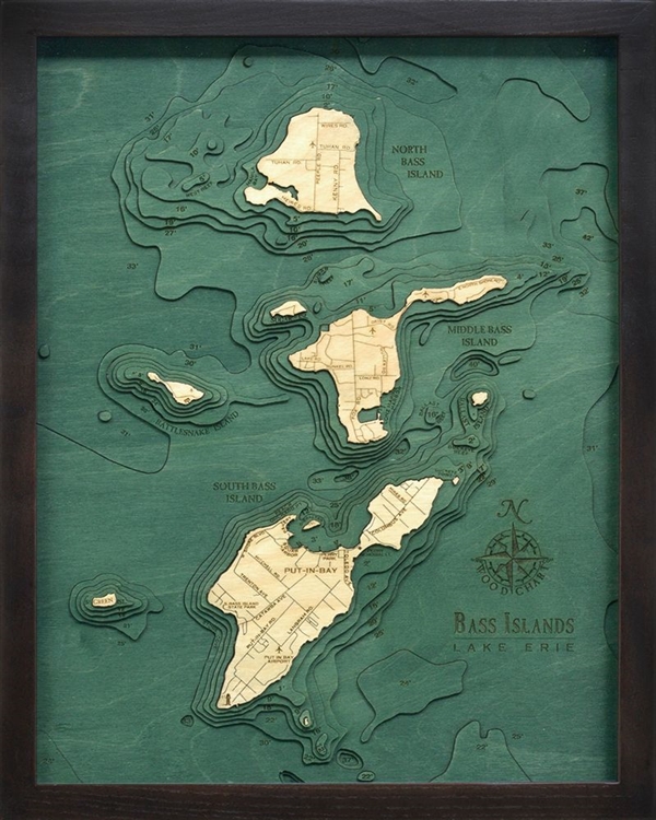 Bass Islands Nautical Topographic Art: Bathymetric Real Wood Decorative Chart