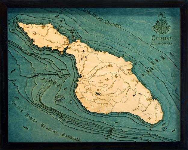 Catalina Island Nautical Topographic Art: Bathymetric Real Wood Decorative Chart