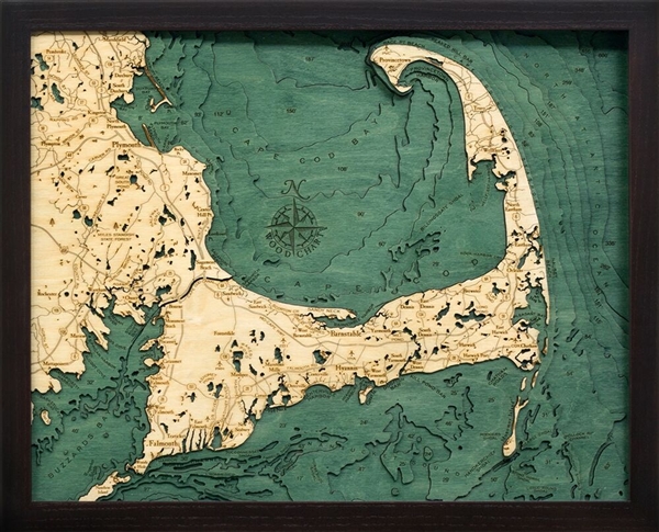 Cape Cod Nautical Topographic Art: Bathymetric Real Wood Decorative Chart