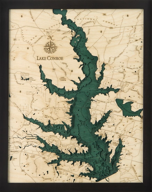 Lake Conroe Nautical Topographic Art: Bathymetric Real Wood Decorative Chart