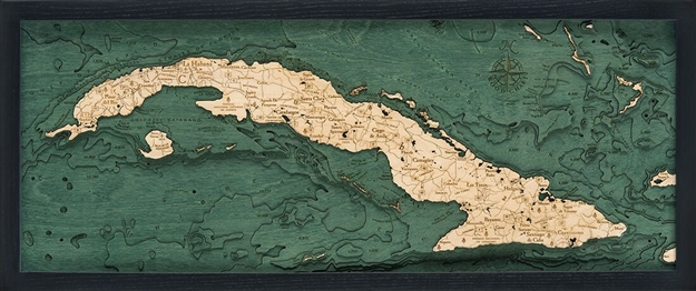 Cuba Nautical Topographic Art: Bathymetric Real Wood Decorative Chart