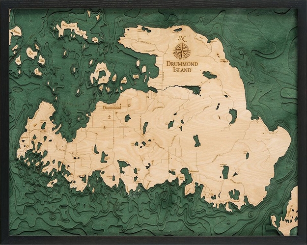 3D Drummond Island Nautical Real Wood Map Depth Decorative Chart