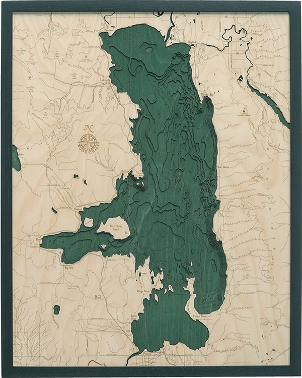 Flathead Lake Nautical Topographic Art: Bathymetric Real Wood Decorative Chart