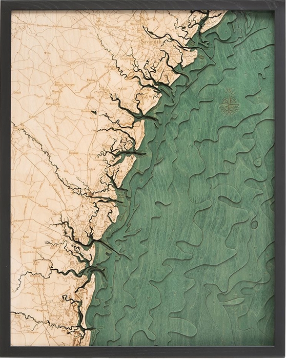 3D Georgia Coast Nautical Real Wood Map Depth Decorative Chart