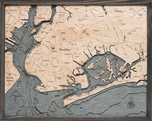 Brooklyn Nautical Topographic Art: Bathymetric Real Wood Decorative Chart | Driftwood Grey