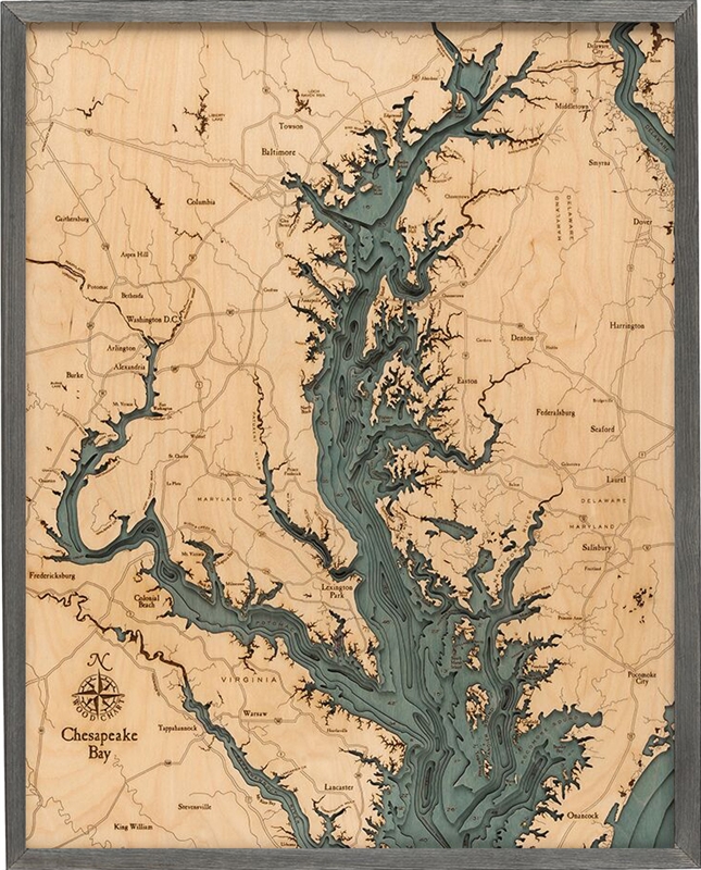 3D Chesapeake Bay Nautical Real Wood Map Depth Decorative Chart