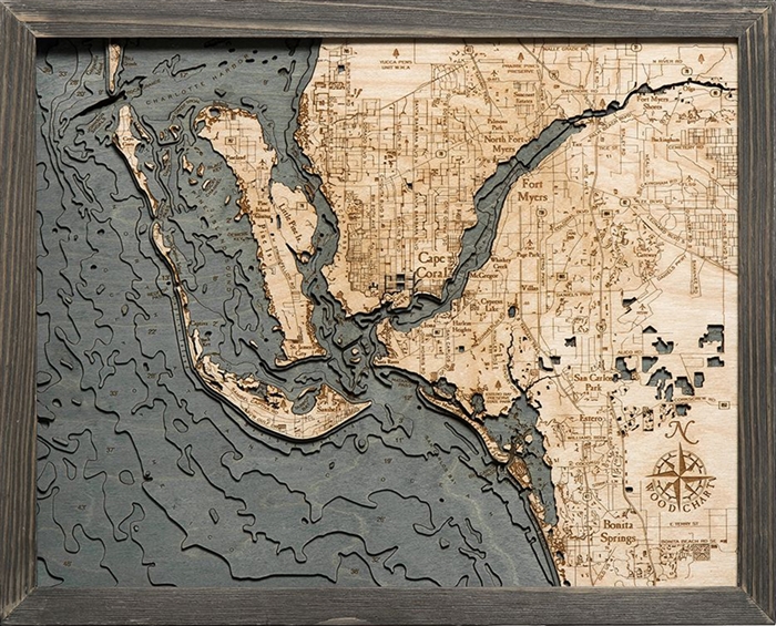 Fort Myers and Cape Coral Nautical Topographic Art: Bathymetric Real Wood Decorative Chart