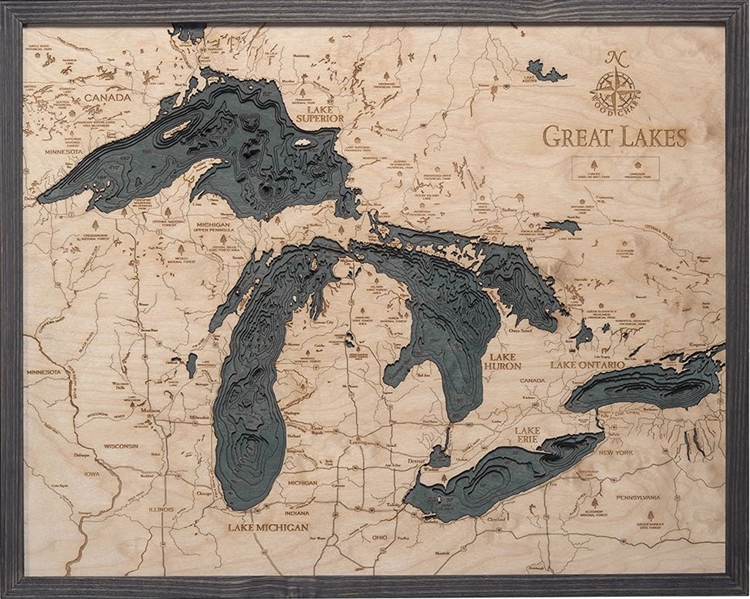 Great Lakes Nautical Topographic Art: Bathymetric Real Wood Decorative Chart