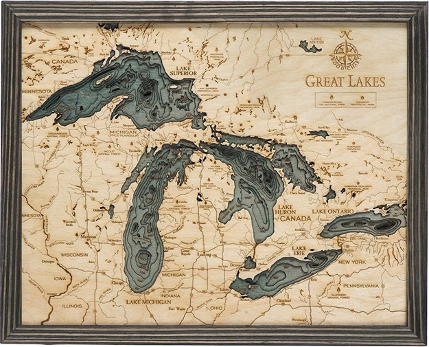 Great Lakes Nautical Topographic Art: Bathymetric Real Wood Decorative Chart | Driftwood Grey