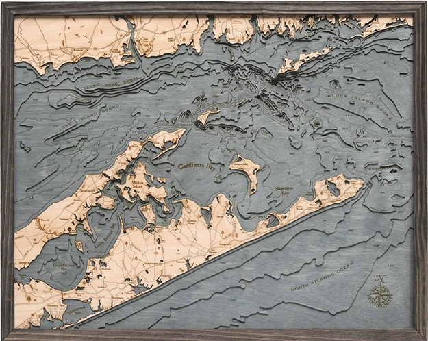 3D Long Island Sound Nautical Real Wood Map Depth Decorative Chart | Driftwood Grey