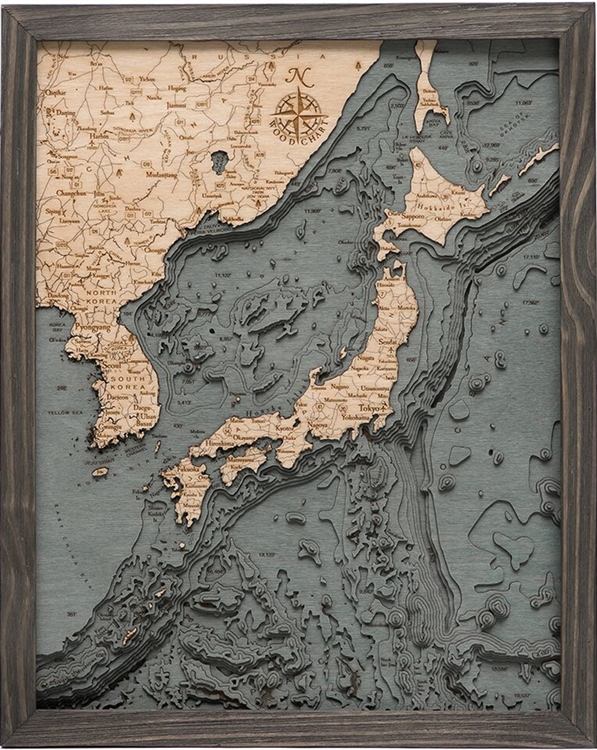 Japan Nautical Topographic Art: Bathymetric Real Wood Decorative Chart | Driftwood Grey