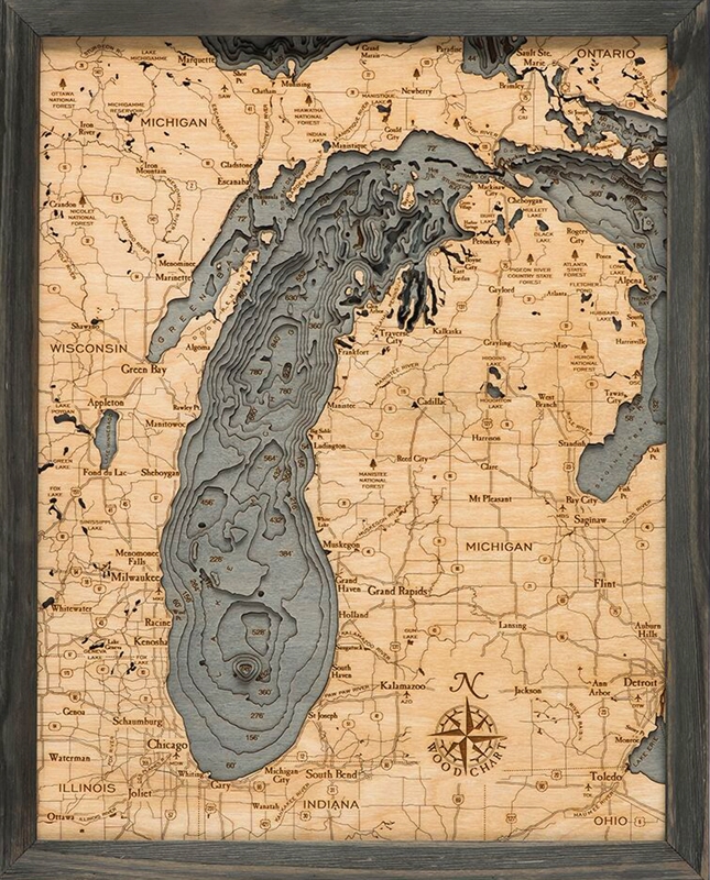 Lake Michigan Nautical Topographic Art: Bathymetric Real Wood Decorative Chart | Driftwood Grey