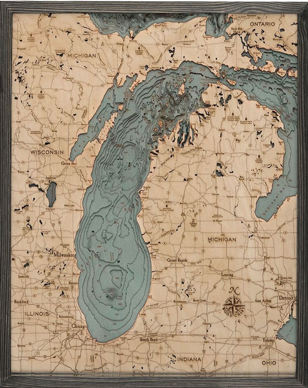 Lake Michigan Nautical Topographic Art: Bathymetric Real Wood Decorative Chart | Driftwood Grey Frame