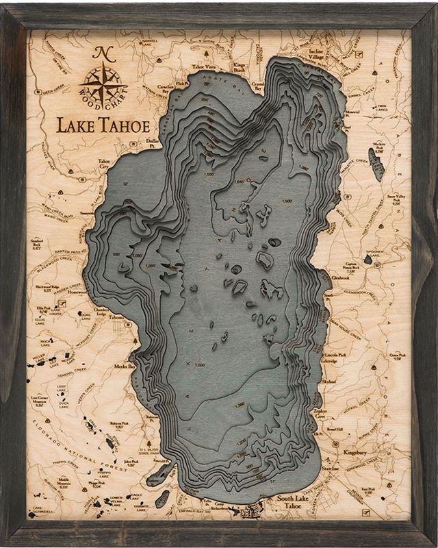 Lake Tahoe Nautical Topographic Art: Bathymetric Real Wood Decorative Chart | Driftwood Grey Frame