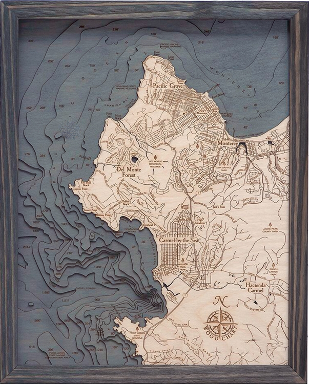 3D Carmel-by-the-Sea Nautical Real Wood Map Depth Decorative Chart | Driftwood Grey