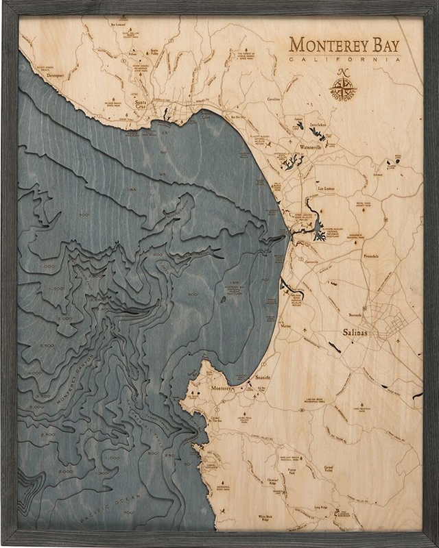 Monterey Bay Nautical Topographic Art: Bathymetric Real Wood Decorative Chart | Driftwood Grey Frame