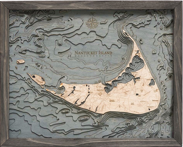 Nantucket Island Nautical Topographic Art: Bathymetric Real Wood Decorative Chart with driftwood grey frame