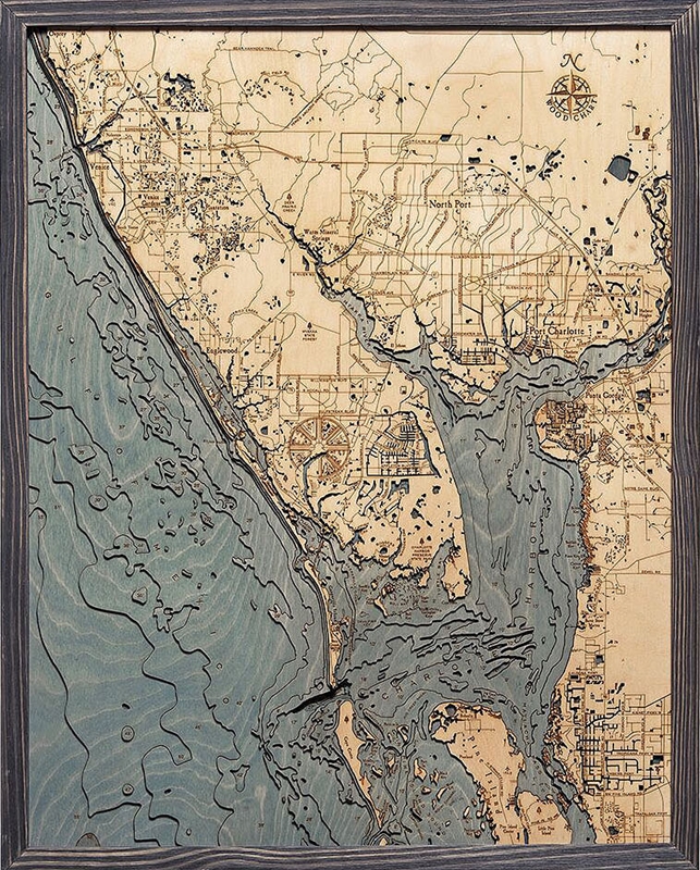 Charlotte Harbor Nautical Topographic Art: Bathymetric Real Wood Decorative Chart