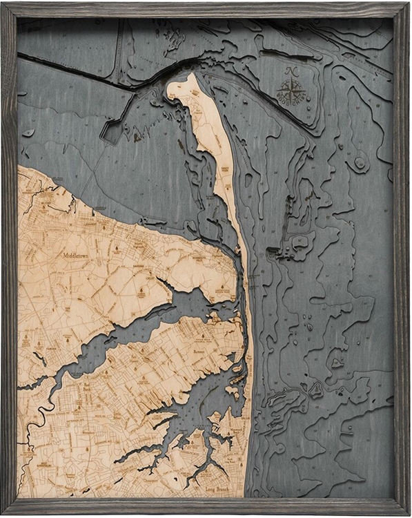 Rumson Nautical Topographic Art: Bathymetric Real Wood Decorative Chart | Driftwood Grey