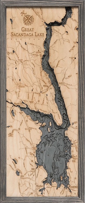 Great Sacandaga Nautical Topographic Art: Bathymetric Real Wood Decorative Chart | Driftwood Grey
